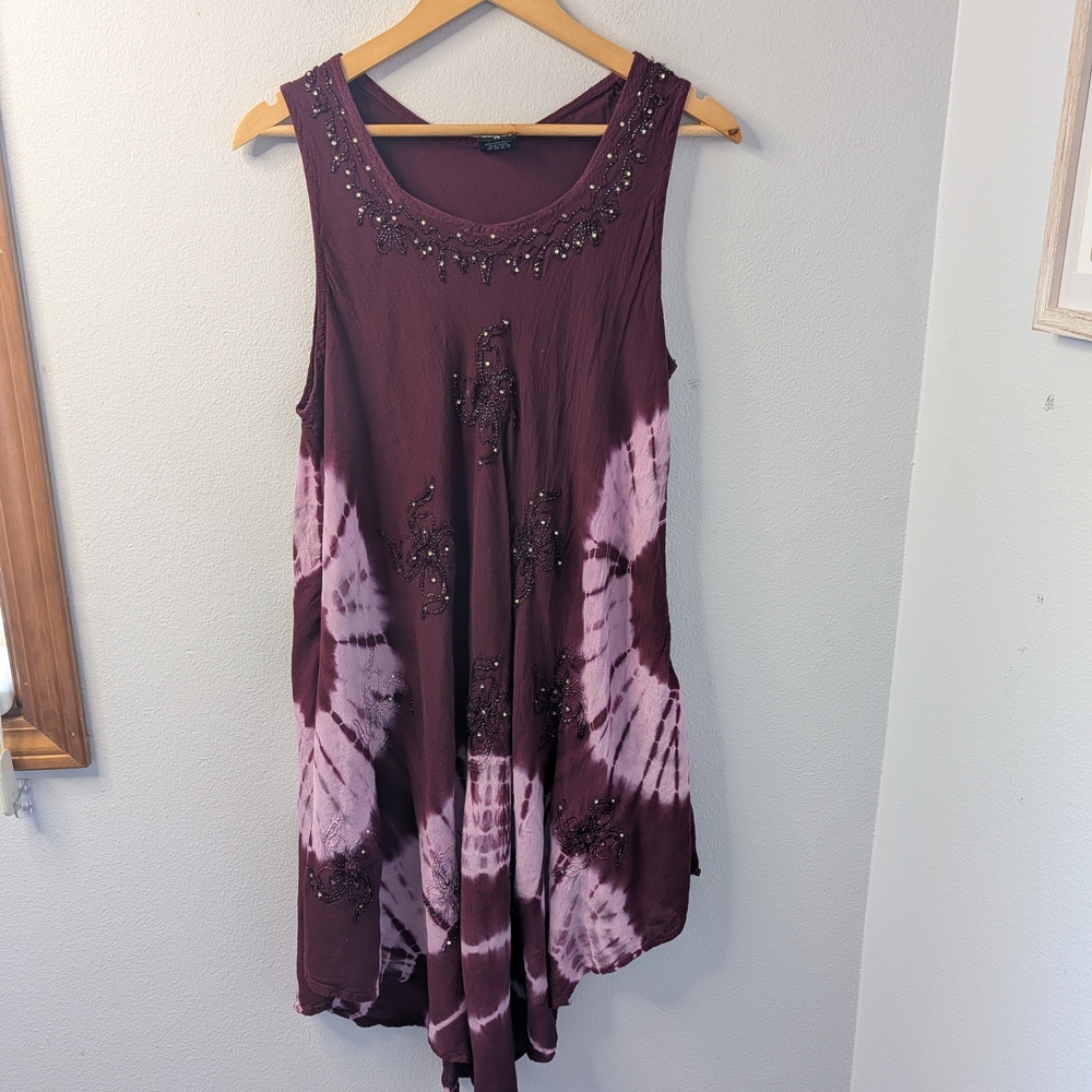 Ace‎ Fashion 2X Boho Tie-Dye Embellished Sleeveless Tunic Top